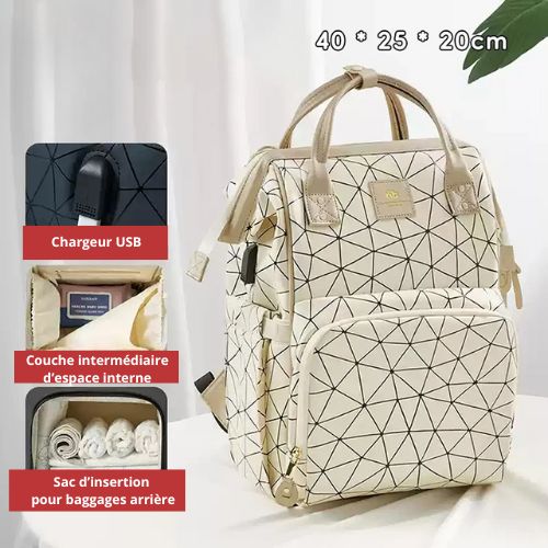 Sac à langer bébé blanc avec des lignes noires avec chargeur USB.