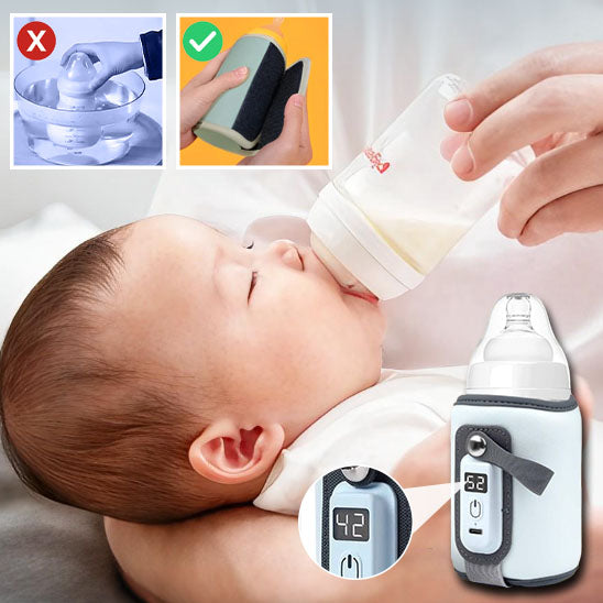 Chauffe biberon bébé bleu portable montrant la température.