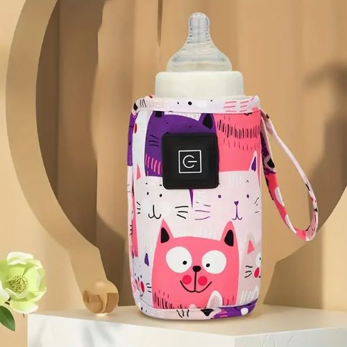 Chauffe biberon portable avec chat rose imprimé.