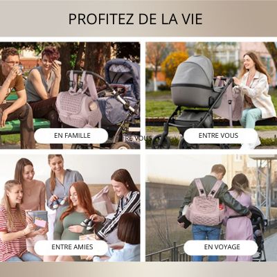 Image de parents avec leur bébé ainsi que le sac à dos à langer en famille, entre amis et à l'extérieur.