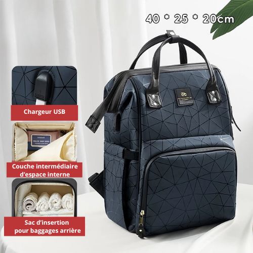 Sac à langer bébé noir avec des lignes noires avec chargeur USB.