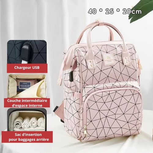 Sac à langer bébé rose avec des lignes noires avec chargeur USB.