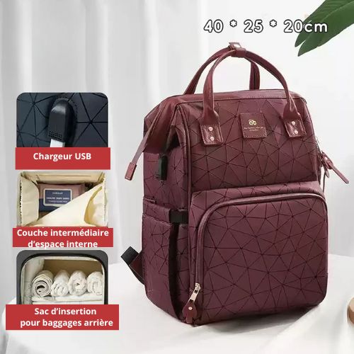 Sac à langer bébé rouge avec des lignes noires avec chargeur USB.